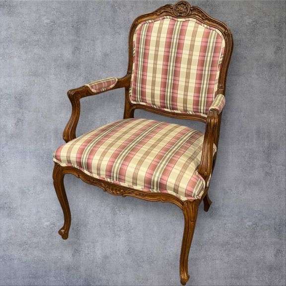French Provincial Armchair, Wood Frame, Plaid Fabric Upholstery