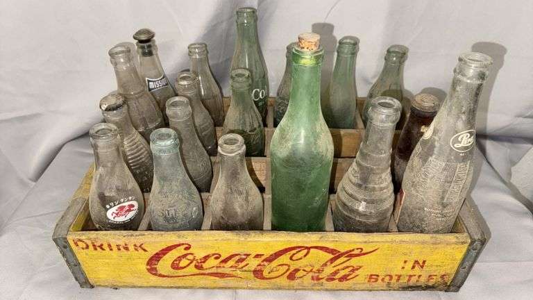 Vintage Coca-Cola Wooden Crate with Assorted Glass Bottles, 1950s-1960s