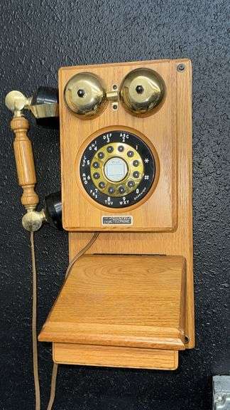 The Country Store Telephone Rotary Wall Phone, Wood & Brass, Mid-20th Century