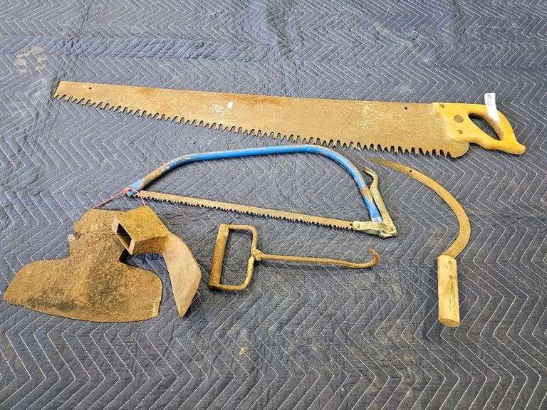 Vintage Crosscut Saw, Bow Saw, Sickle, and Broad Axe Heads