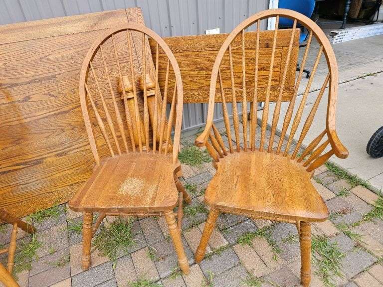 Oak Finish Dining Set with 6 ft Table and Windsor-Style Chairs