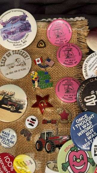 Collection of 60+ Vintage Pinback Buttons and Badges, Various Themes