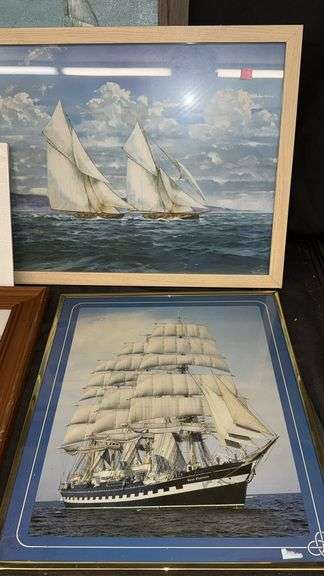 Framed Nautical Art Prints, 5 Pieces, Various Sizes, Wooden Frames