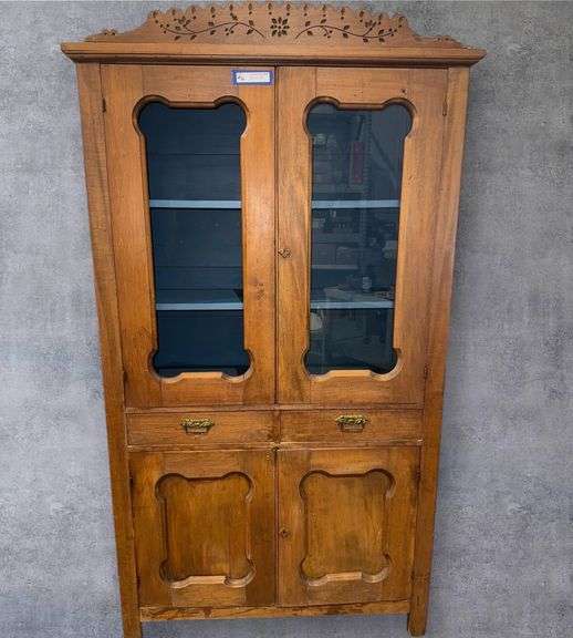 Antique Wooden Cabinet with Glass Panel Doors, 79x42x16 inches