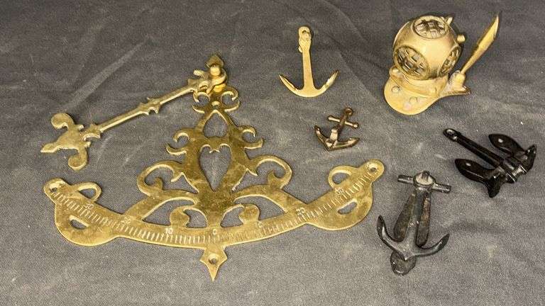 Nautical Themed Decorative Set: Brass Diving Helmet, Miniature Anchors