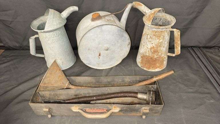 Vintage Oil Cans and Funnel Set, Galvanized Metal, Rusty