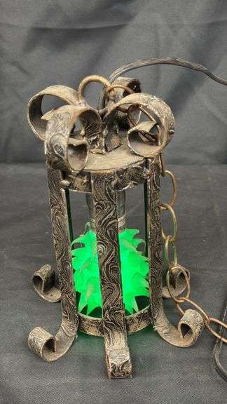Vintage Hanging Lantern with Green Light, Rustic Metal Finish