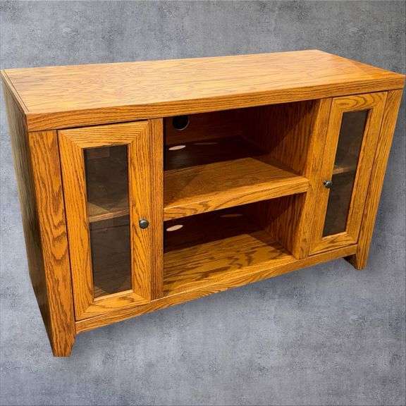 Oak Finish Media Console Cabinet, Glass Panel Doors, 43"x16"x27"