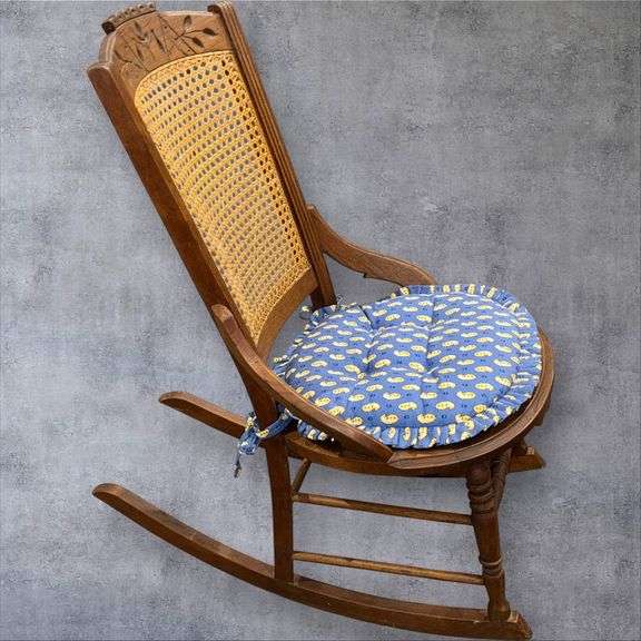 Traditional Wooden Rocking Chair with Cane Seat and Blue Cushion