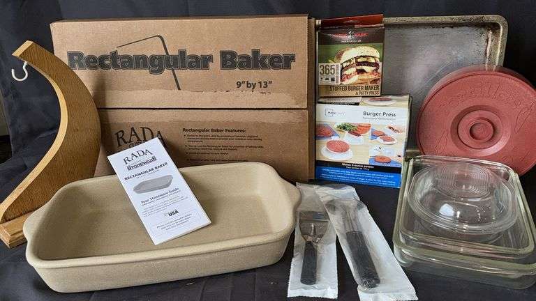 Rada Stoneware Rectangular Baker, Nordic Ware Burger Maker, Tortilla Press