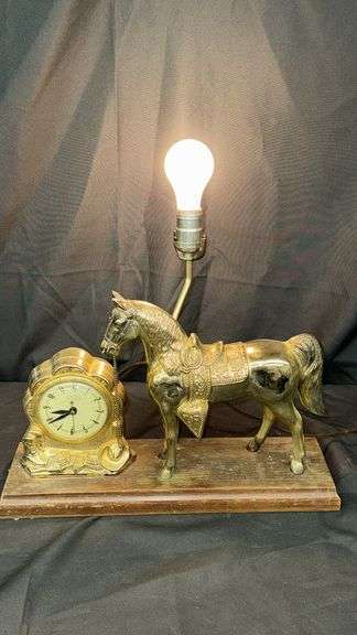 Vintage United Horse Lamp with Clock, Brass and Wood, 17" x 6" x 16"