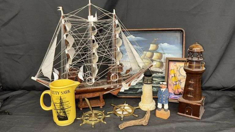 Nautical Decor Collection with Model Ship, Cutty Sark Mug, Lighthouse Figurines