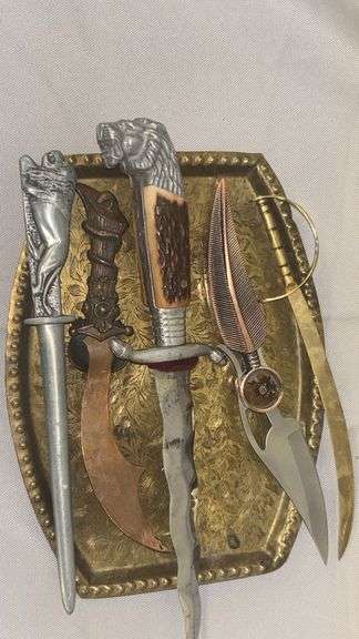 Decorative Dagger Style Letter Openers Set with Brass Tray