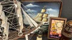Nautical Decor Collection with Model Ship, Cutty Sark Mug, Lighthouse Figurines