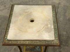 Ornate Brass Plant Stand with Stone or Marble Top, 15x15x30 Inches
