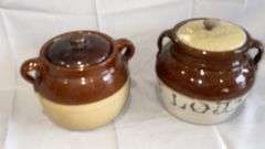 Vintage Brown and Beige Stoneware Pots, Labeled Flour