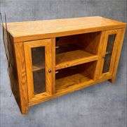 Oak Finish Media Console Cabinet, Glass Panel Doors, 43"x16"x27"