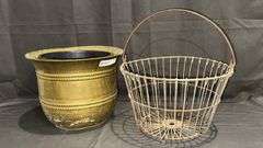 Antique Brass Planter with Wire Potato Basket, Decorative Etching