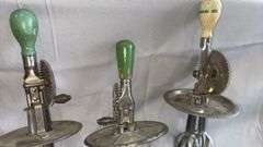 Vintage Hand-Crank Egg Beaters with Glass Measuring Cups, Wood Handles