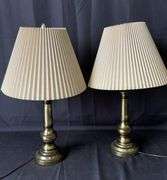 Pair of 26" Brass Table Lamps with Beige Fabric Shades