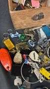 Vintage Keychain Collection with Yamaha & Harley-Davidson Logos, Wooden Box