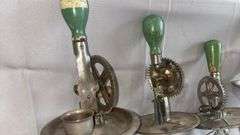 Vintage Hand-Crank Egg Beaters with Glass Measuring Cups, Wood Handles