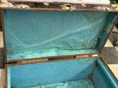 Antique Trunk, Black with Blue Interior, Metal and Wood, Early 20th Century