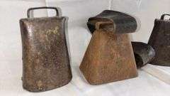 Set of Vintage Metal Cowbells with Leather Straps, Traditional Design