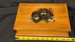 Woodland Animal Figurines and Decorative Wood Box with Wolf Design