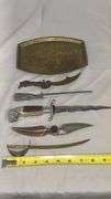 Decorative Dagger Style Letter Openers Set with Brass Tray