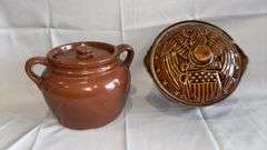 Vintage Brown Ceramic Bean Pot with Lid, Made in USA