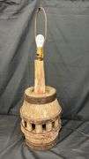 Rustic Barrel Lamp with Wood and Metal Design, Approx. 30" Height