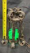 Vintage Hanging Lantern with Green Light, Rustic Metal Finish