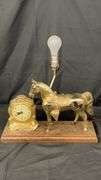 Vintage United Horse Lamp with Clock, Brass and Wood, 17" x 6" x 16"