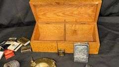 Vintage Metal Lighter, Ashtray Collection with Decorative Designs and Keychain Attachments in Wood B