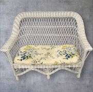 White Wicker Loveseat, Floral Cushion, 46.5 x 28 x 37 in