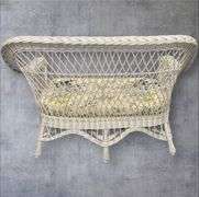 White Wicker Loveseat, Floral Cushion, 46.5 x 28 x 37 in