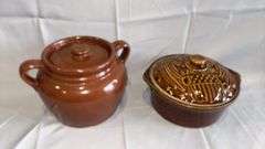 Vintage Brown Ceramic Bean Pot with Lid, Made in USA
