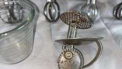 Vintage Hand-Crank Egg Beaters with Glass Measuring Cups, Wood Handles