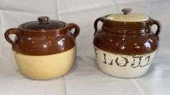 Vintage Brown and Beige Stoneware Pots, Labeled Flour