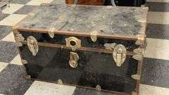 Antique Trunk, Black with Blue Interior, Metal and Wood, Early 20th Century