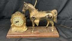 Vintage United Horse Lamp with Clock, Brass and Wood, 17" x 6" x 16"