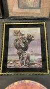 Lion-Themed Decorative Collection: Plate, Framed Art, Leather Pouch & Brass