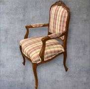 French Provincial Armchair, Wood Frame, Plaid Fabric Upholstery