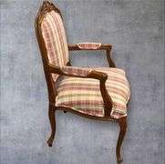 French Provincial Armchair, Wood Frame, Plaid Fabric Upholstery