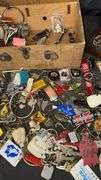 Vintage Keychain Collection with Yamaha & Harley-Davidson Logos, Wooden Box