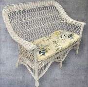 White Wicker Loveseat, Floral Cushion, 46.5 x 28 x 37 in