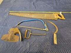 Vintage Crosscut Saw, Bow Saw, Sickle, and Broad Axe Heads