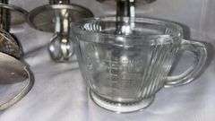 Vintage Hand-Crank Egg Beaters with Glass Measuring Cups, Wood Handles