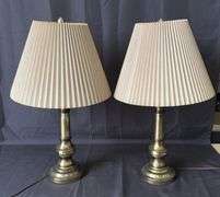 Pair of 26" Brass Table Lamps with Beige Fabric Shades